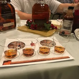 a man sitting at a table with glasses of whiskey