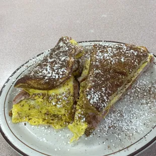 French toast with eggs and cheese,ham