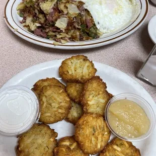 Eggs with Corned Beef Hash, Potato Pancakes with Sour Cream and Applesauce