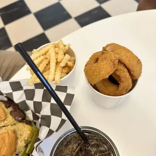 Crinkle fries and onion rings