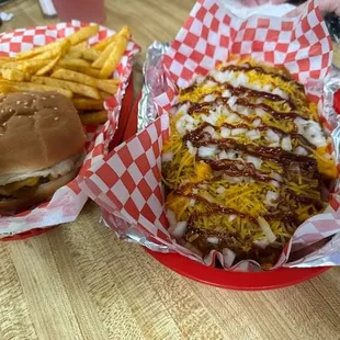 Burger, seasoned fries and a Frito Pie.