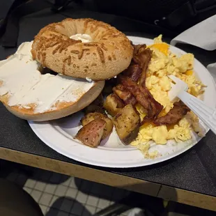 My fav..Asiago and Cream Cheese Bagel,  scrambled eggs with cheddar,  Home Fries and Bacon