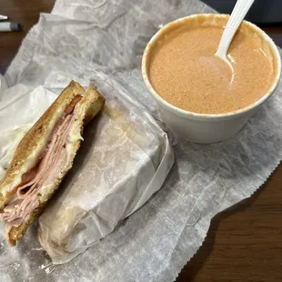 grilled cheese with tomato and ham &amp; tomato soup