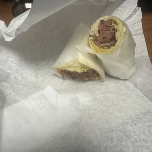 Pastrami wrap with hots and onions,