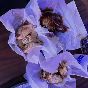 three baskets of food on a table