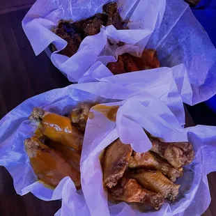two baskets of food on a table