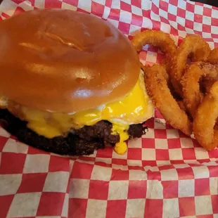 Burger and  Fried Onion Rings