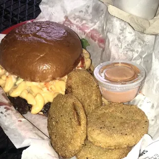 Fried Green Tomatoes * Regular Burger * Topped w/: Slaw Chili Ketchup Beer Onions Lettuce  Chipotle Mayo Mac n Cheese