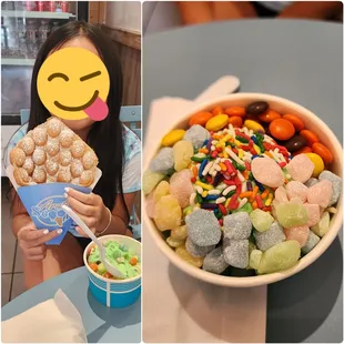 a girl holding a bowl of ice cream and a bowl of candy