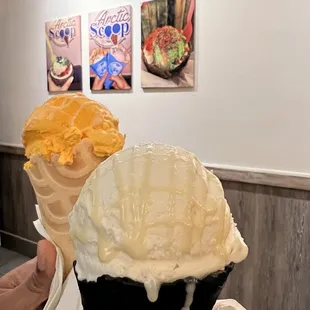 Lychee Rose + Condensed Milk Drizzle on a Black vanilla cone (front) and Creamy Mango + Condensed Milk Drizzle on a coconut cone (back)