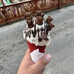 Cookies &amp; Cream on a Red Velvet cone w/ teddy grahams and Chocolate Drizzle.