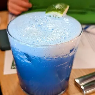 January 17, 2023; Surfin Bird (tequila, grapefruit, lime, cinnamon, blue spirulina; $11 for HH).