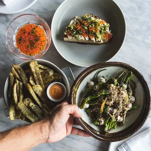 Cabbage, Fries with Mentaiko Dip and Blistered Shishitos