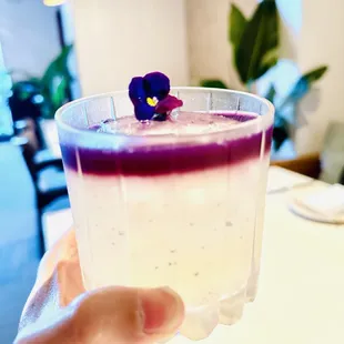 FLOAT LIKE A BUTTERFLY $18 Real Del Valle Blanco Tequila, Ancho Reyes Liqueur Chile Poblano Verde, Lime, Butterfly Pea Tincture