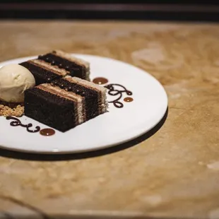 a piece of chocolate cake with ice cream