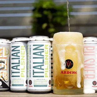 Varied styles of canned beer available to-go