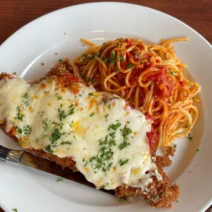 Chicken Parmesan with pomodoro spaghetti