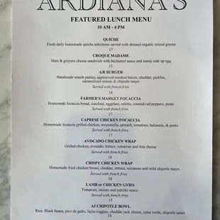 Ardiana's Restuarant lunch specials served Monday-Friday 11am to 4pm