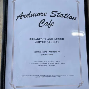 Front of menu