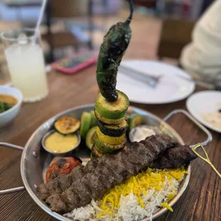 Beef Kabob Tower Lunch ($16.99) we got the white rice and grilled veggies as our 2 sides.