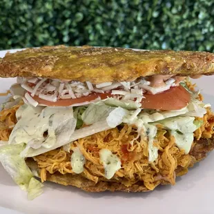 Fried plantain with shredded chicken / patacón con pollo desmechado