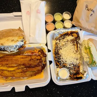 Takeout. Arepa Pabellon ($7.99), Patacon Maduro Carne ($9.99), Cachapa Queso Mano ($8.99), Arepa Reina Pepiada ($6.99).