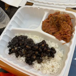 Shredded meat, white rice and black bean