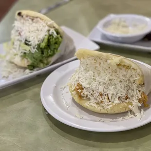 Vegetarian Arepa, Shredded Chicken Arepas and Tostones