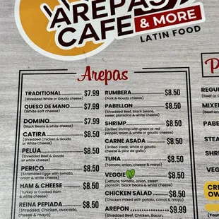 Arepa menu
