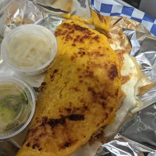 Cachapa Pollo y Queso (Chicken and Cheese) w/added avocado and cheese