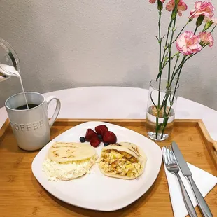 a breakfast on a tray