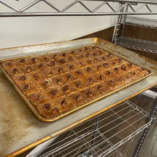 a tray of baked food on an oven rack