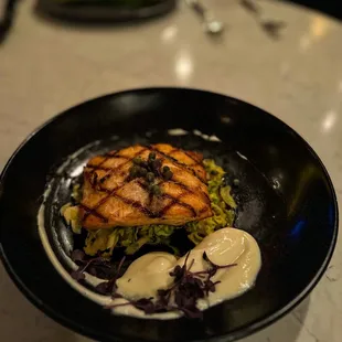 Grilled Salmon:  lemon caper sauce, cauliflower puree, sautéed brussels sprouts