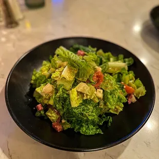 Chop Chop Salad:  romaine iceberg lettuce, salami, provolone, tomato, grilled red onion, herb vinaigrette