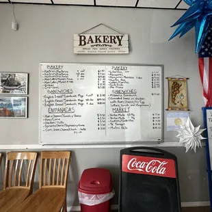 the menu and price list of the restaurant