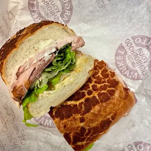 roast turkey sandwich on Dutch crunch with everything