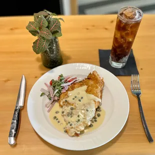 a plate of food and a drink