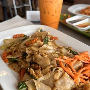 Drunken noodles and Thai tea.