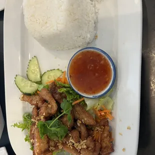 Fried Garlic Pork with Steamed Jasmine Rice