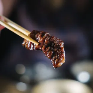 a person holding chopsticks with a piece of meat on it