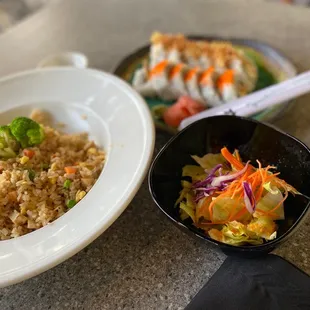 Chicken fried rice with a ginger salad