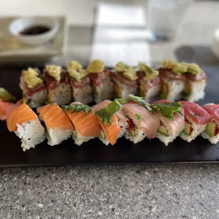 a plate of sushi on a table