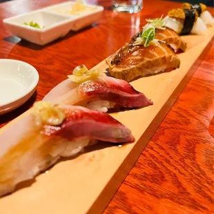 Signature Nigiri-Yellowtail, Zuke Salmon, Seared Ika