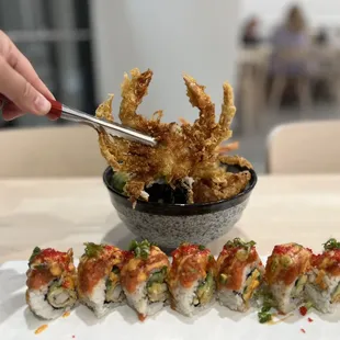 Softshell crab ten donburi and the fire dragon roll (best spicy tuna ever had)