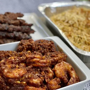 three dishes of food on a table