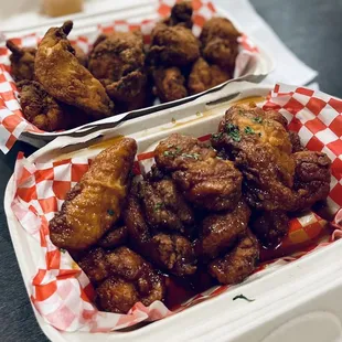 Glazed fried chicken (front). Non-glazed chicken (back)