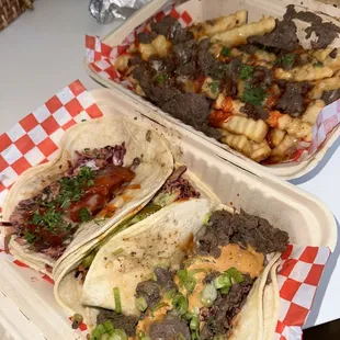 Taco trio and bulgogi fries