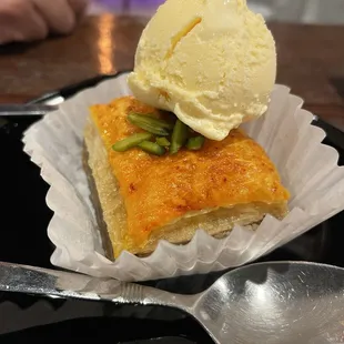 Baklava with vanilla ice cream