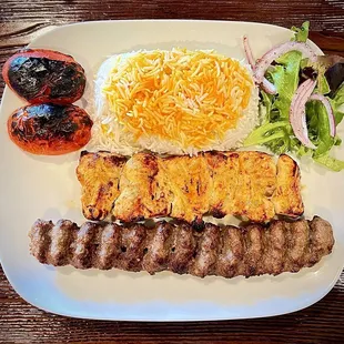 Combo of (Koobideh) Ground Beef and Chicken Tender Kabob