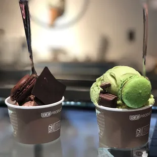 Chocolate Gelato with Chocolate Macaron &amp; Chocolate Flakes, Pistachio &amp; Candy Bar Gelato, with Pistachio Macaron &amp; candy bar!